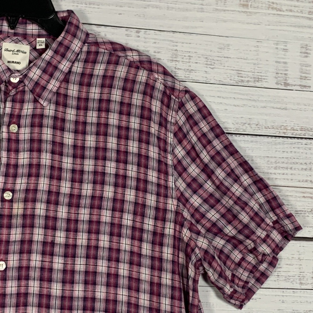 Mens 100% Linen Button Up Shirt XL S/S Pink Checked Baird McNutt Murano